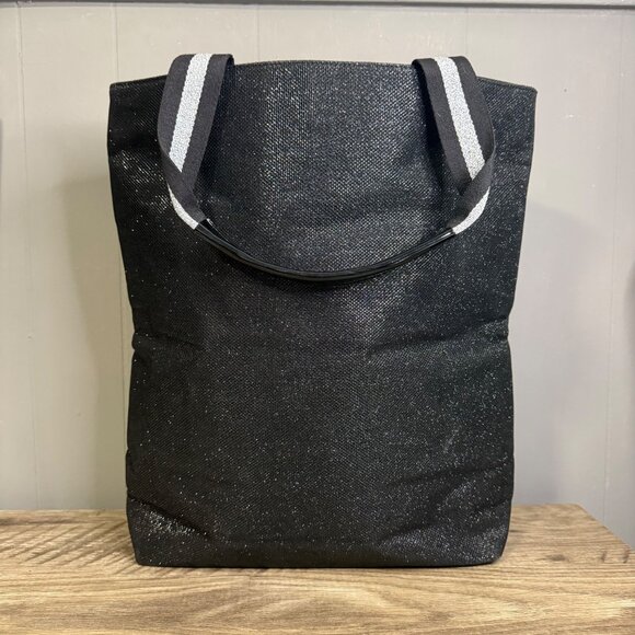 Victorias Secret Black Glitter Canvas Tote Bag With Logo & Striped Handles - Picture 5 of 9